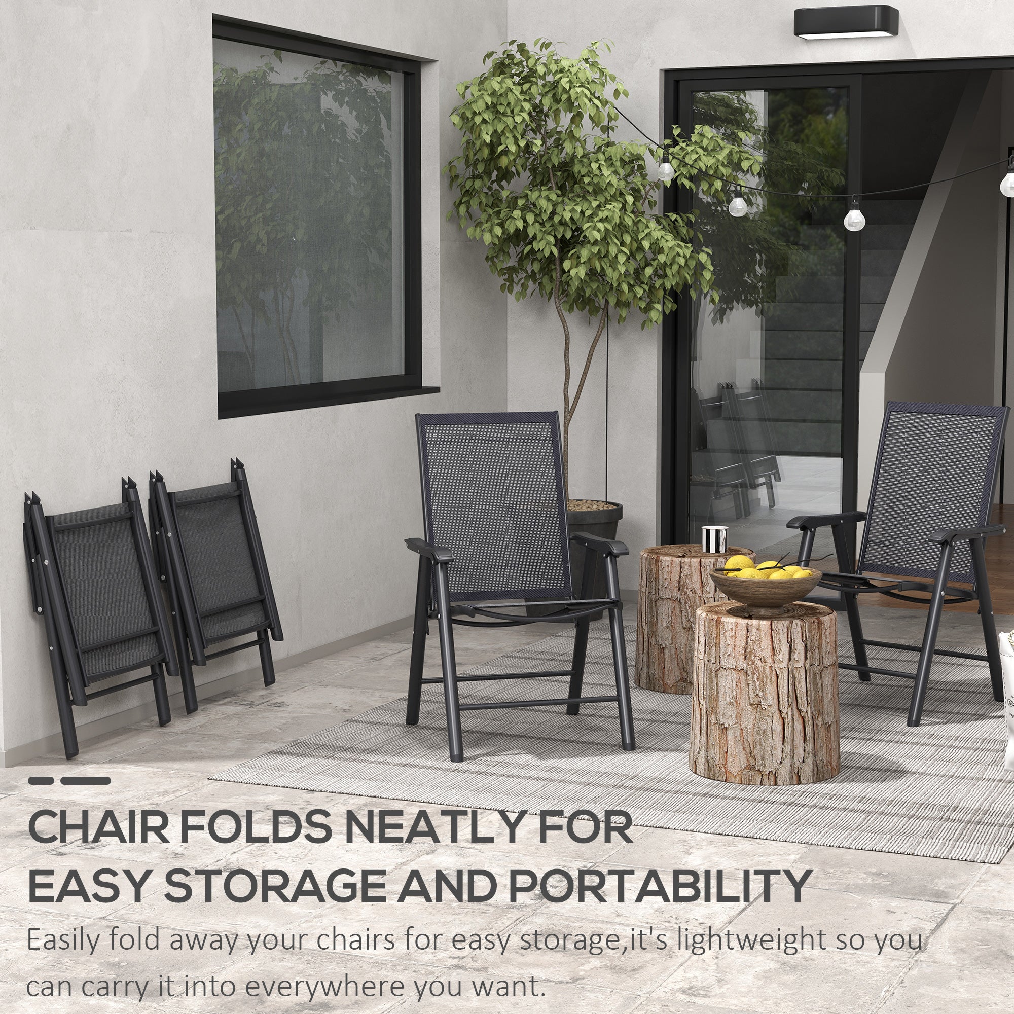 Set of 4 Outdoor Folding Chairs, Stackable Patio Dining Chairs with Armrests, Metal Frame