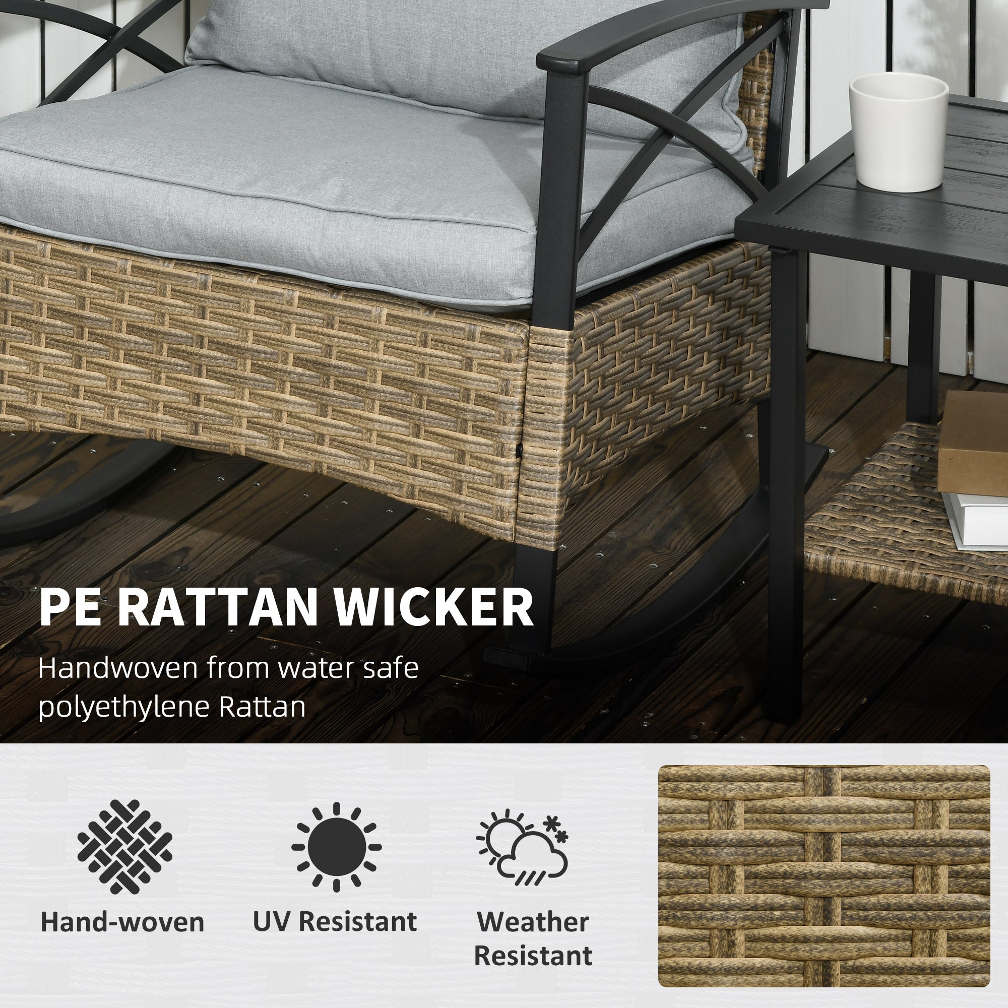 3 Piece Patio Rocking Chair Set, Outdoor Wicker Bistro Set with 2 Oversize Cushioned Porch Rockers and 2 Tier Coffee Table for Garden, Backyard