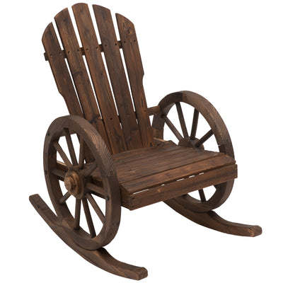 Wooden Rocking Chair, Adirondack Rocker Chair w/Slatted Design and Oversized Back, Outdoor Rocking Chair with Wagon Wheel Armrest for Porch, Poolside, and Garden, Carbonized
