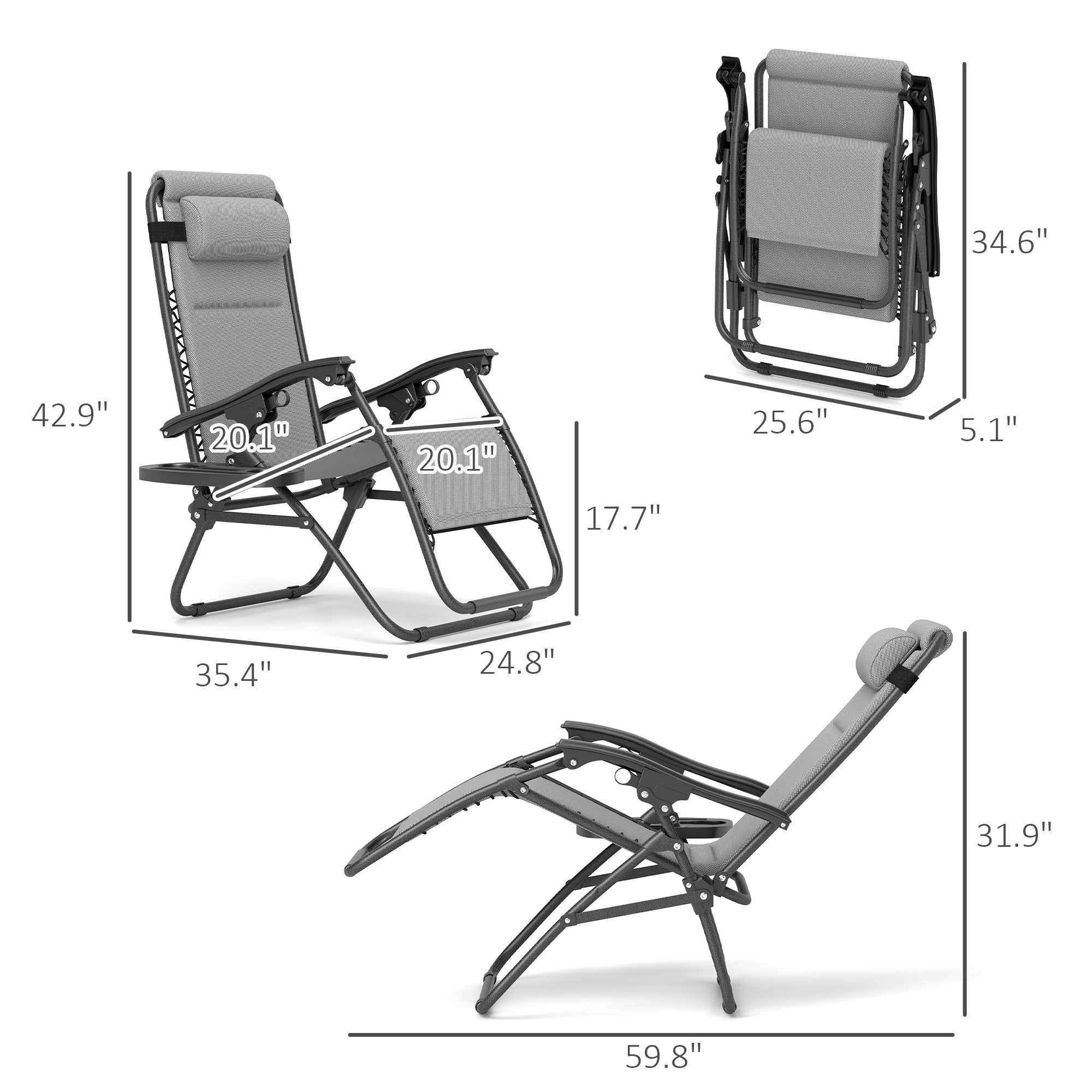 Zero Gravity Lounge Chair Set, 2 Pieces Reclining Folding Outdoor Lounge Chairs with Headrest Side Tray