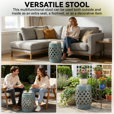 13" x 18" Ceramic Garden Stool with Woven Lattice Design & Glazed Strong Materials Decorative Outdoor Stool