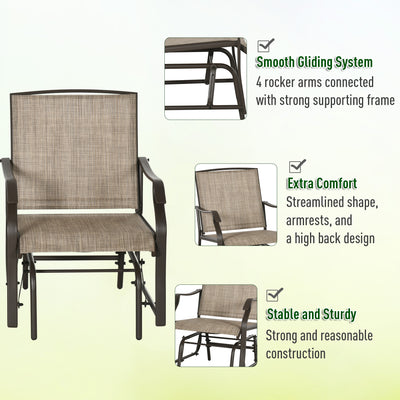 3 Piece Outdoor Glider Chair with Coffee Table Bistro Set, 2 Patio Rocking Swing Chairs with Breathable Sling Fabric, Glass Tabletop, for Backyard, Garden and Porch