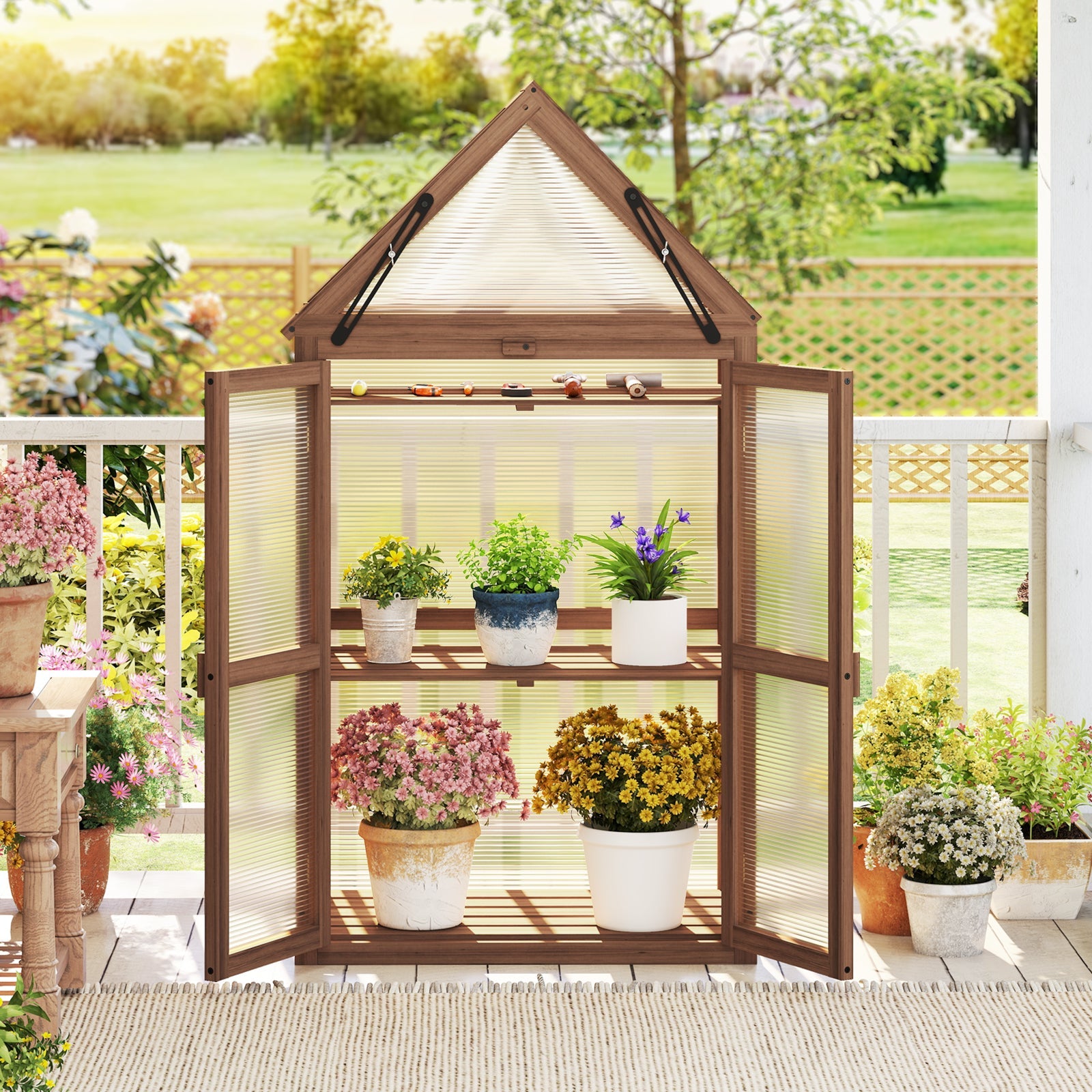 Cold Frame Mini Wooden Greenhouse for Vegetable and Flower-Brown