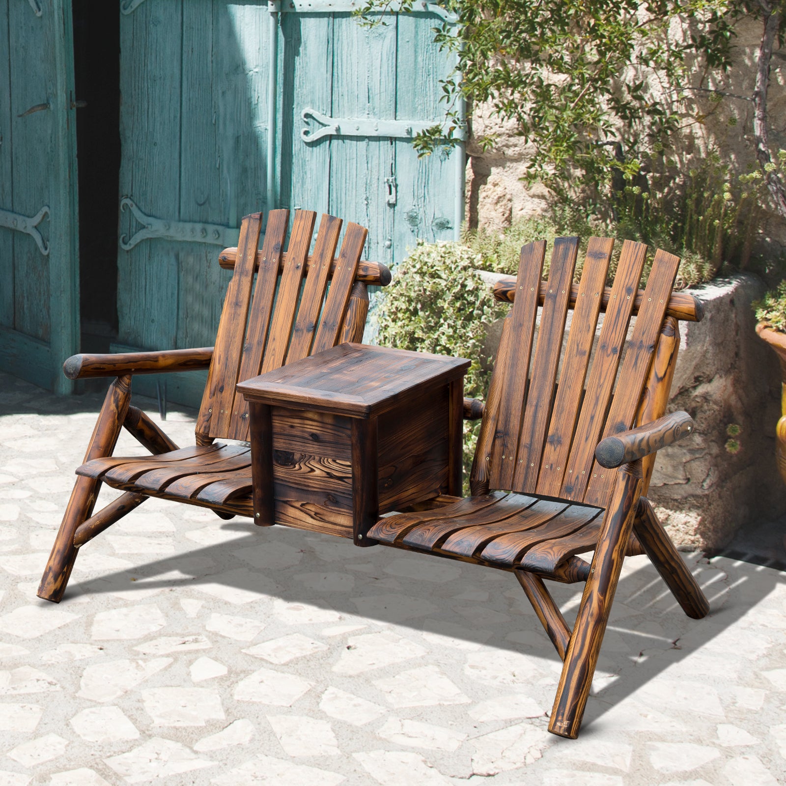Double Wooden Adirondack Chair with Ice Bucket, Outdoor Loveseat with High Backrest, Smooth Armrest, Rustic Brown