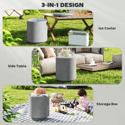 2.6 Gal Outdoor Side Table, 3-In-1 Concrete Cooler Bar Table with Storage, Removable Ice Bucket and Lid
