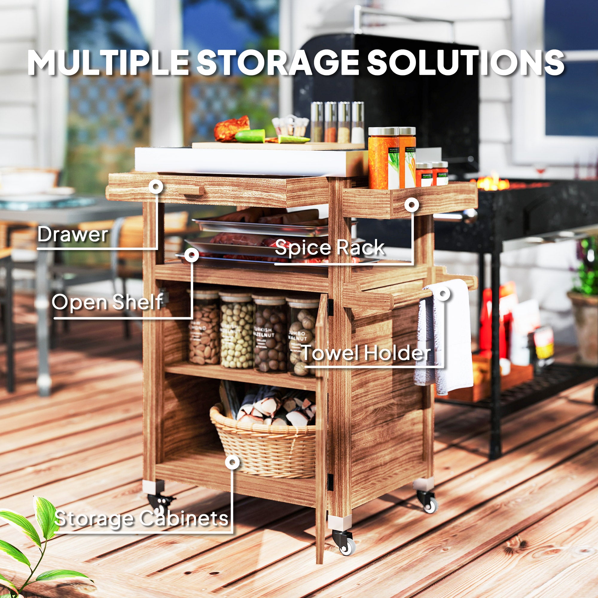 Outdoor Grill Cart with Stainless Steel Top, Solid Wood Outdoor Kitchen Island with Wheels, Drawer, Side Handle, Brown