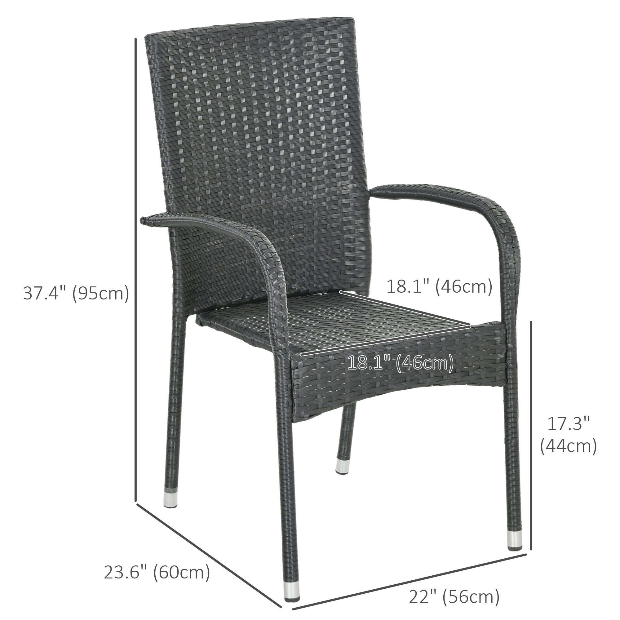 Stackable PE Rattan Outdoor Dining Chairs with Cushion, Patio Wicker Dining Chair with Armrests & Backrest