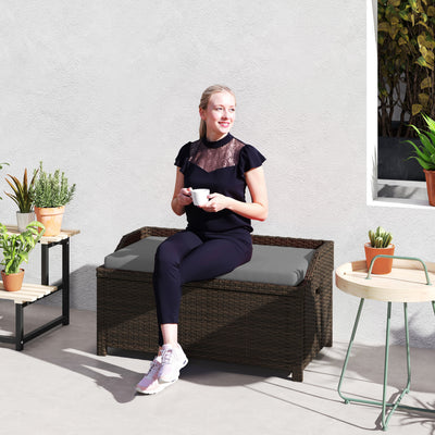 Outdoor Wicker Storage Bench with Storage & Cushion, Gray