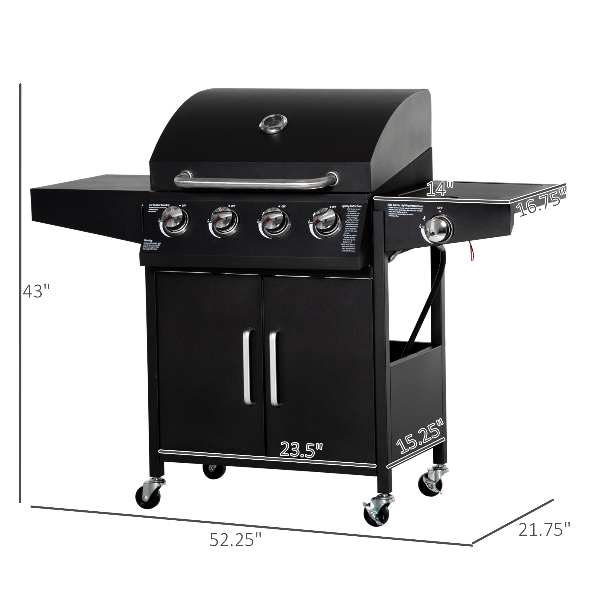 52" Barbecue Grill with Wheels 4+1 Burner Liquid Propane Gas Grill Outdoor Cabinet Style BBQ Trolley w/ Side Burner