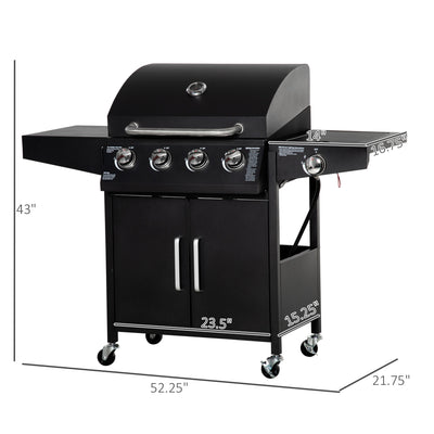 52" Barbecue Grill with Wheels 4+1 Burner Liquid Propane Gas Grill Outdoor Cabinet Style BBQ Trolley w/ Side Burner