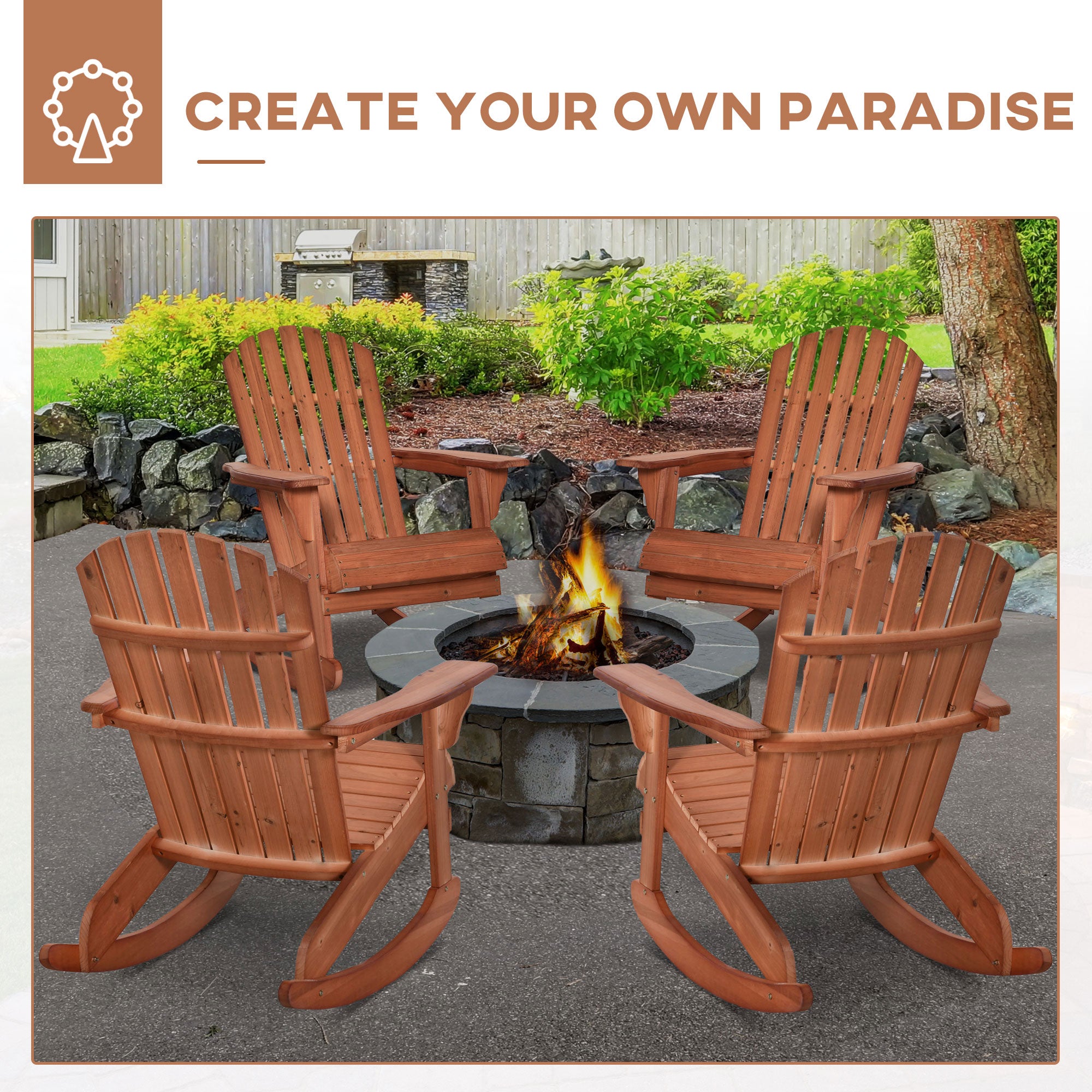 Wooden Adirondack Rocking Chair Outdoor Lounge Chair Fire Pit Seating with Slatted Wooden Design, Fanned Back