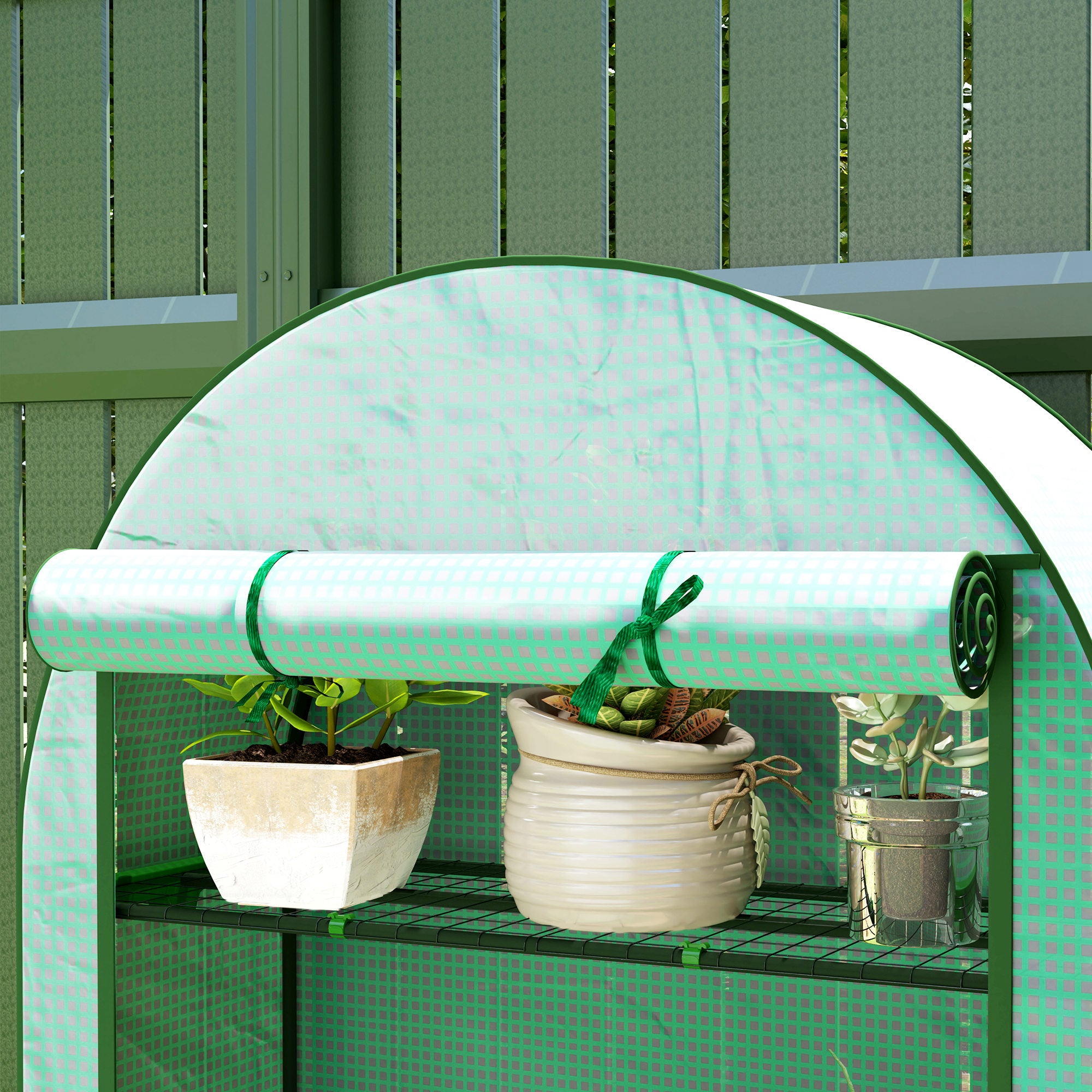 Mini Greenhouse, Portable Greenhouse with 4 Tier Shelves, Roll-Up Door, and Plastic Cover, 41.3" x 17.7" x 63", Green