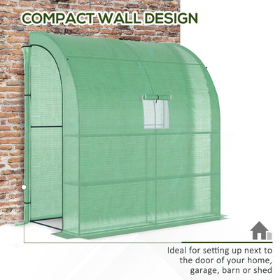 7' x 3' x 7' Lean to Greenhouse, Walk-In Green House, Plant Nursery with 2 Roll-up Doors and Windows, PE Cover and 3 Wire Shelves, Green