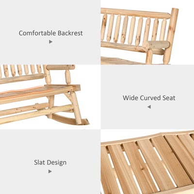 2-Person Wood Rocking Chair with Log Design, Heavy Duty Loveseat with Wide Curved Seats for Patio, Backyard, Garden