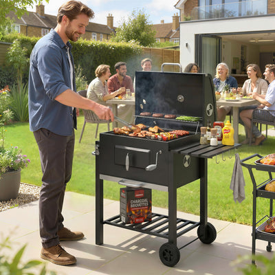 Charcoal BBQ Grill and Smoker Combo Outdoor Portable Trolley Camping Picnic Backyard with Side Shelf, Black