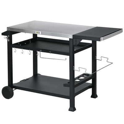 3-Shelf Outdoor Grill Cart Table with Foldable Side Table, Stainless Steel Pizza Oven Stand on Wheels, Black