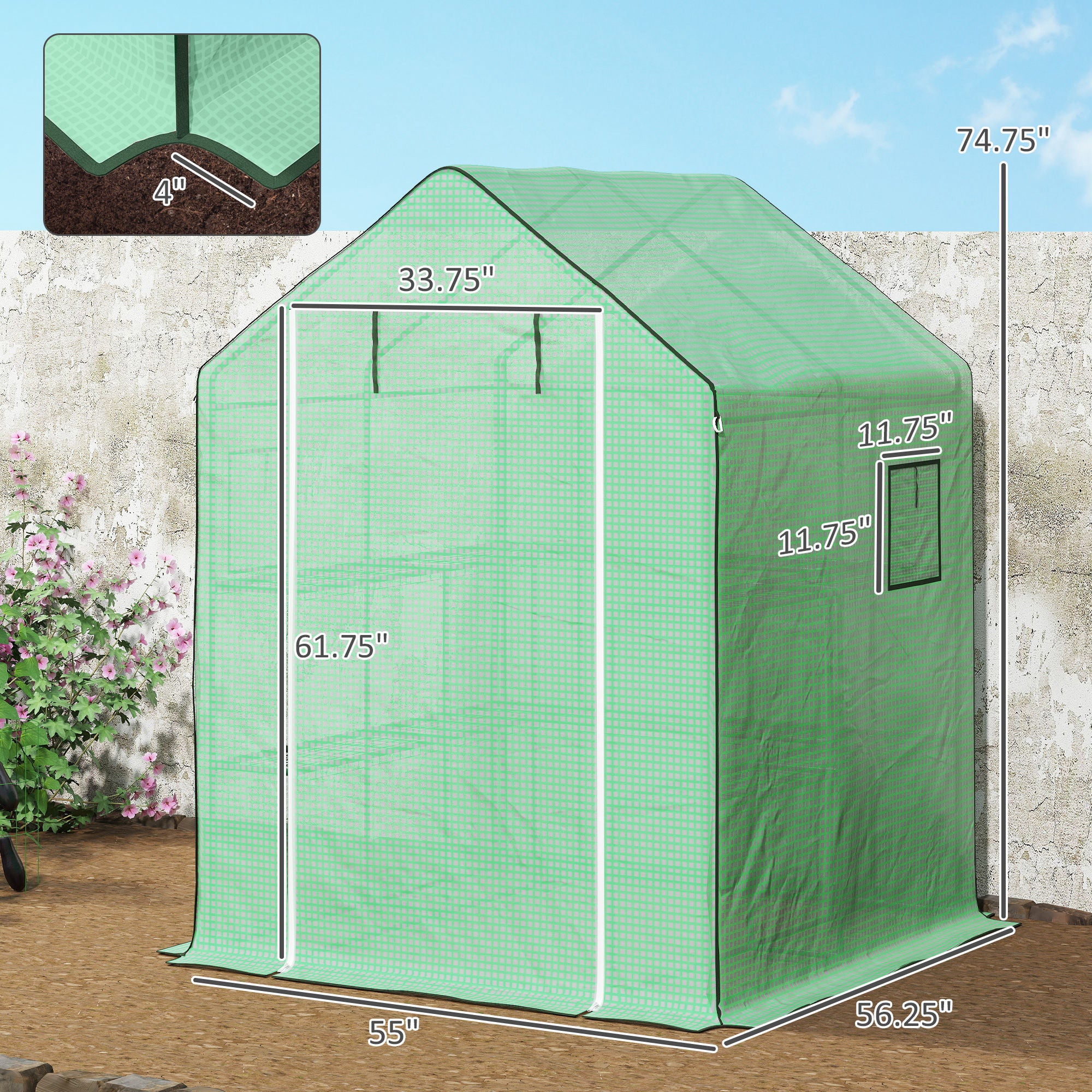 4.6' x 4.7' Portable Greenhouse, Water/UV Resistant Walk-In Small Outdoor Green House with 2 Tier U-Shaped Flower Rack Shelves, Roll Up Door & Windows