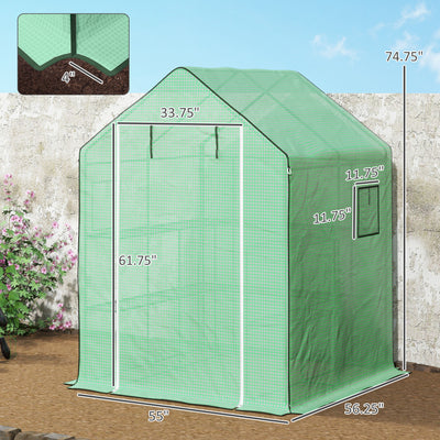 4.6' x 4.7' Portable Greenhouse, Water/UV Resistant Walk-In Small Outdoor Green House with 2 Tier U-Shaped Flower Rack Shelves, Roll Up Door & Windows