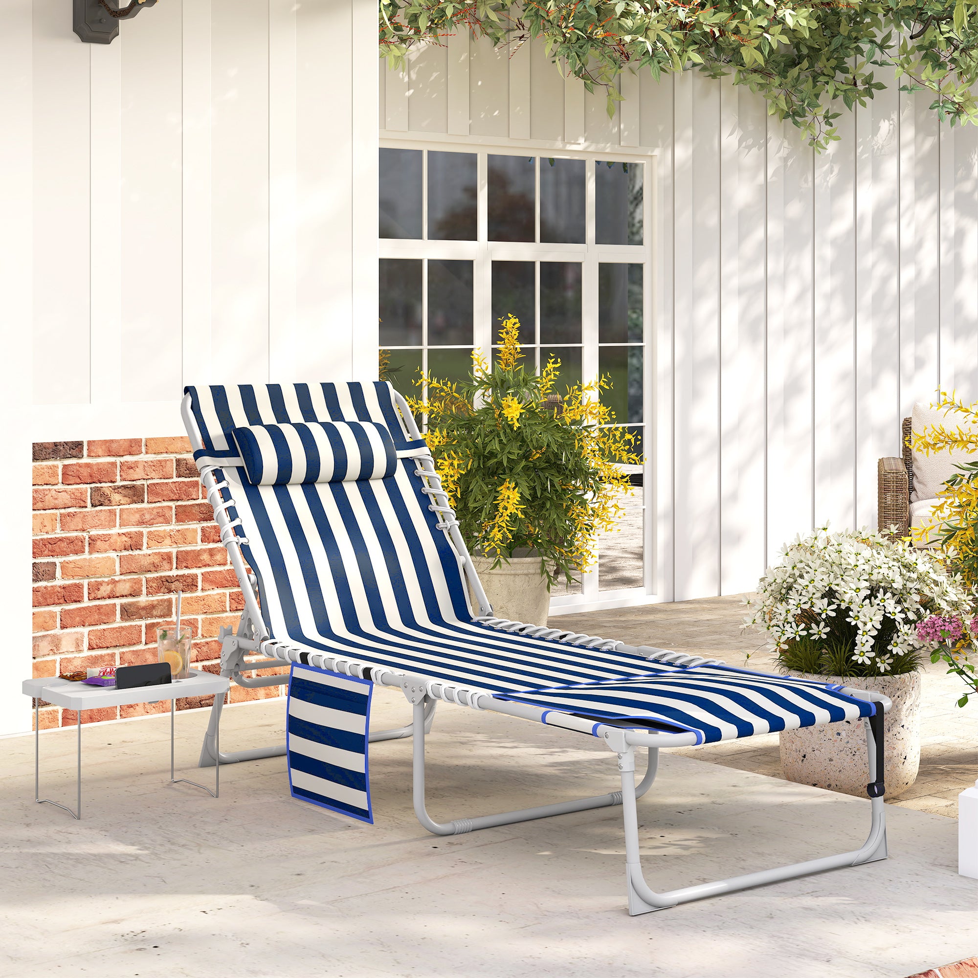 Tanning Chair with Face Hole and Side Table, 5-Position Folding Outdoor Chaise Lounge Chair
