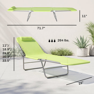 Folding Chaise Lounge Pool Chairs, Outdoor Sun Tanning Chairs with Pillow, Reclining Back, Steel Frame & Breathable Mesh for Beach, Yard, Patio,  Green