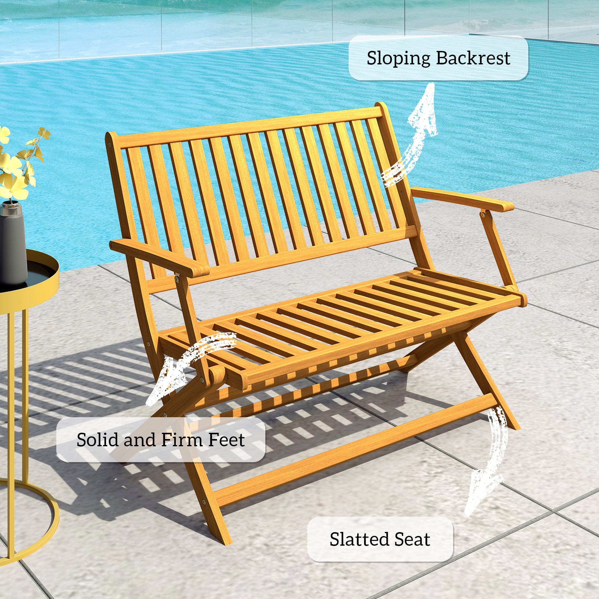 2-Person Foldable Wood Outdoor Bench with Backrest and Armrests for Garden, Porch, Park, Balcony