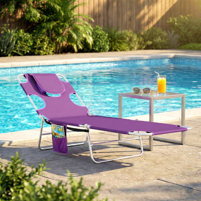 Tanning Chair with Face Hole, 5-Level Adjustable Outdoor Chaise Lounge Chair with Pillow for Beach, Pool