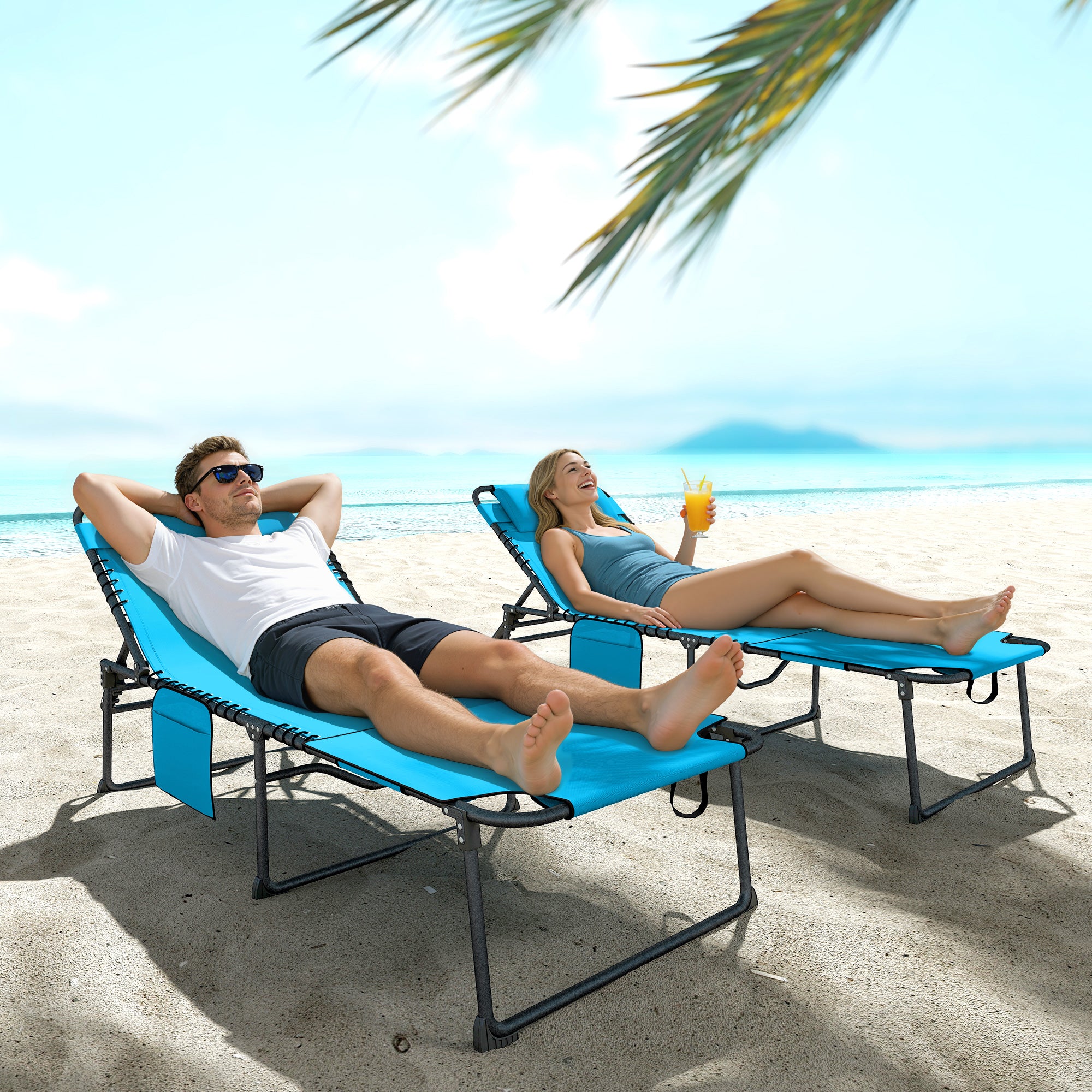 2 Piece Folding Chaise Lounge Pool Chairs with 5-level Reclining Back, Reading Hole, Side Pocket