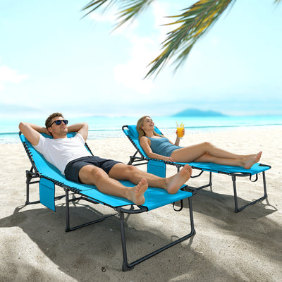 2 Piece Folding Chaise Lounge Pool Chairs with 5-level Reclining Back, Reading Hole, Side Pocket