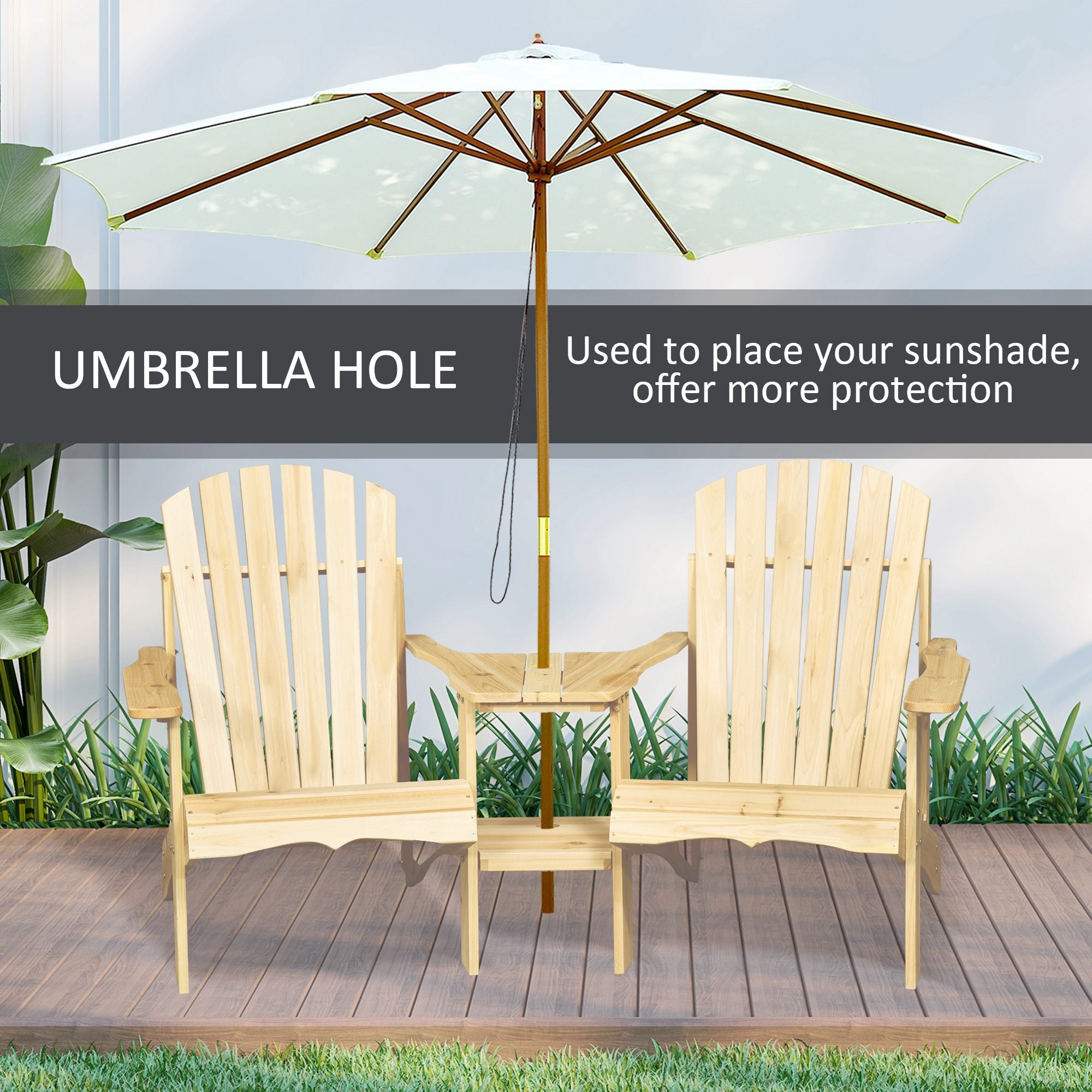 Fire Pit Seating, 2 Wooden Adirondack Chairs with Outdoor Table & Umbrella Hole, Wood 2 Person Adirondack Bench