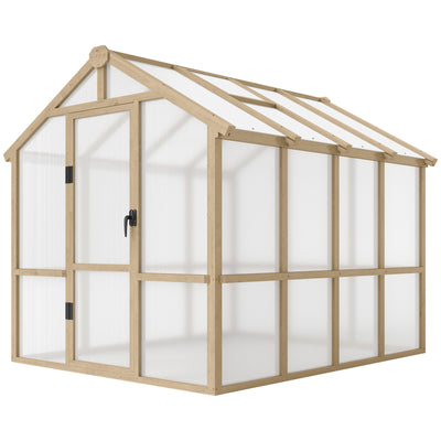 6.6 x 8 ft. Polycarbonate Greenhouse Wooden Walk-in Greenhouse Kit with Thickened Panels, Roof Vent, and Lockable Door