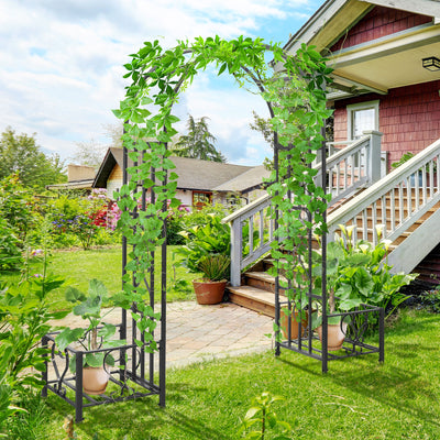 6.7' Steel Garden Arch Arbor with Scrollwork Hearts, Planter Boxes for Climbing Vines, Ceremony, Weddings, Party, Backyard, Lawn, Dark Gray