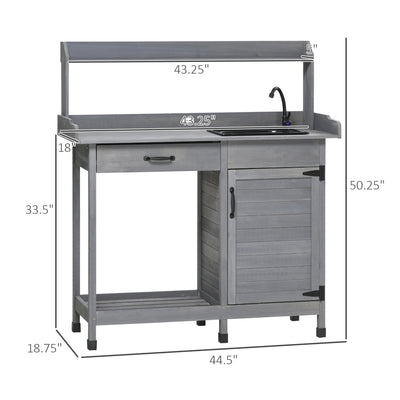 Potting Bench Table with Removable Sink, Outdoor Work Bench Table with Storage Cabinet, Hooks, Faucet and Drawer for Greenhouse, Garden, Patio