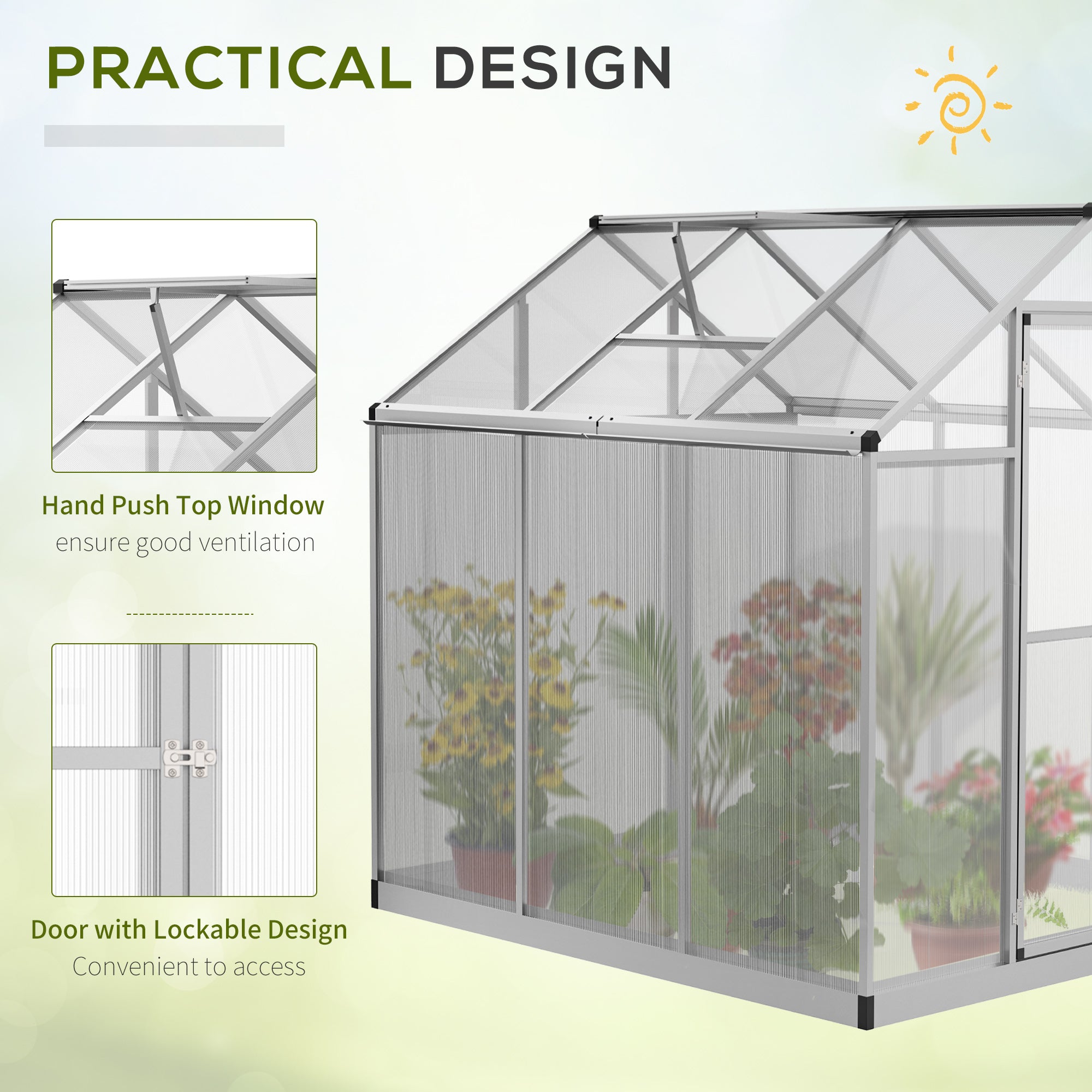 6' L x 6' W Walk-In Polycarbonate Greenhouse with Roof Vent for Ventilation & Rain Gutter for Winter