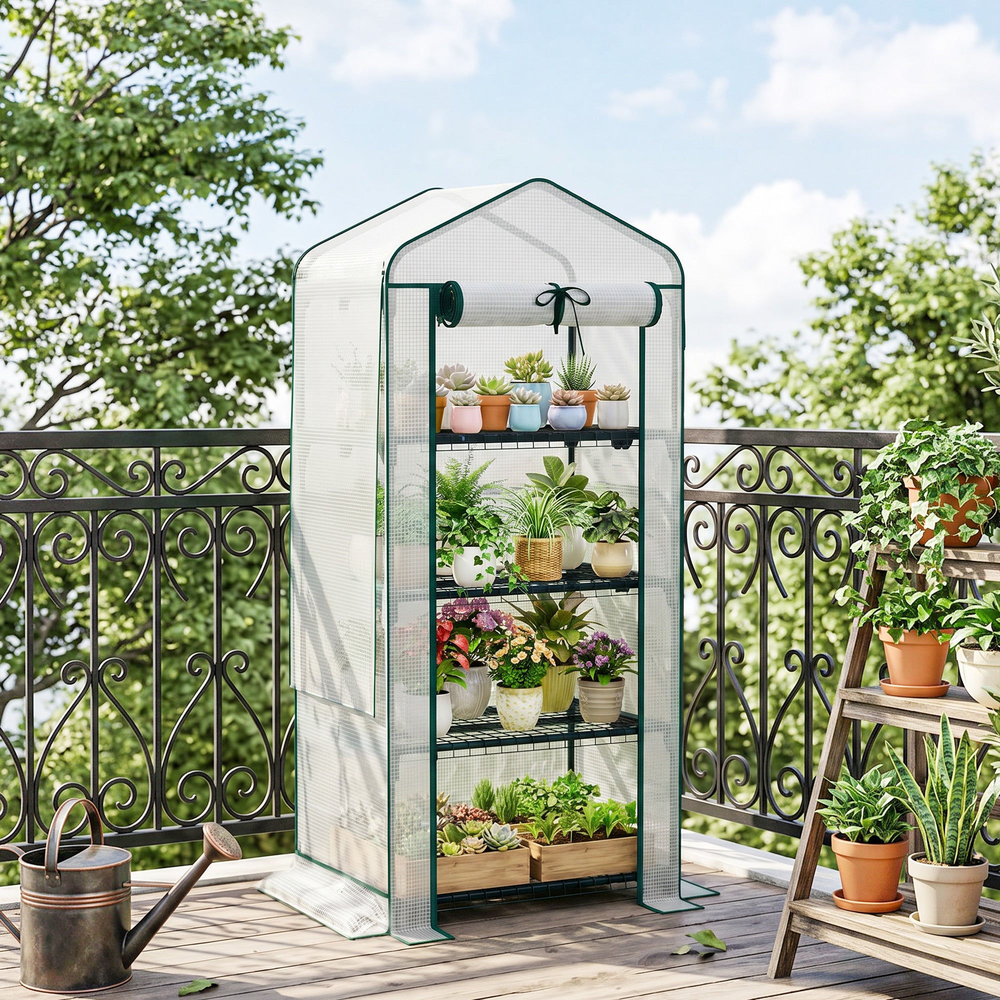 Mini Greenhouse with Screen Roof, 4 Tier Portable Small Greenhouse with High Strength PE Cover