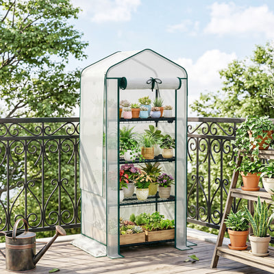 Mini Greenhouse with Screen Roof, 4 Tier Portable Small Greenhouse with High Strength PE Cover