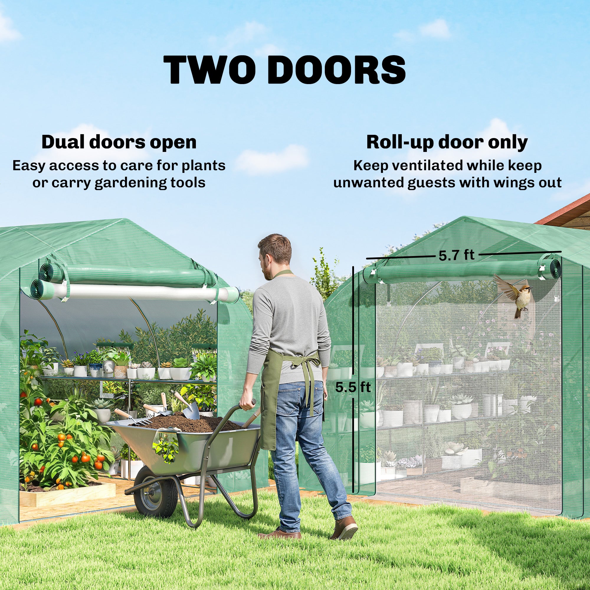 10'x11'x6' Walk-in Tunnel Greenhouse with Shelves, Mesh Door and Windows, Plant Hot House with PE Cover