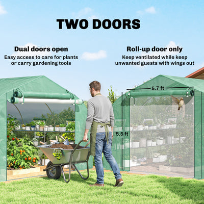 10'x11'x6' Walk-in Tunnel Greenhouse with Shelves, Mesh Door and Windows, Plant Hot House with PE Cover