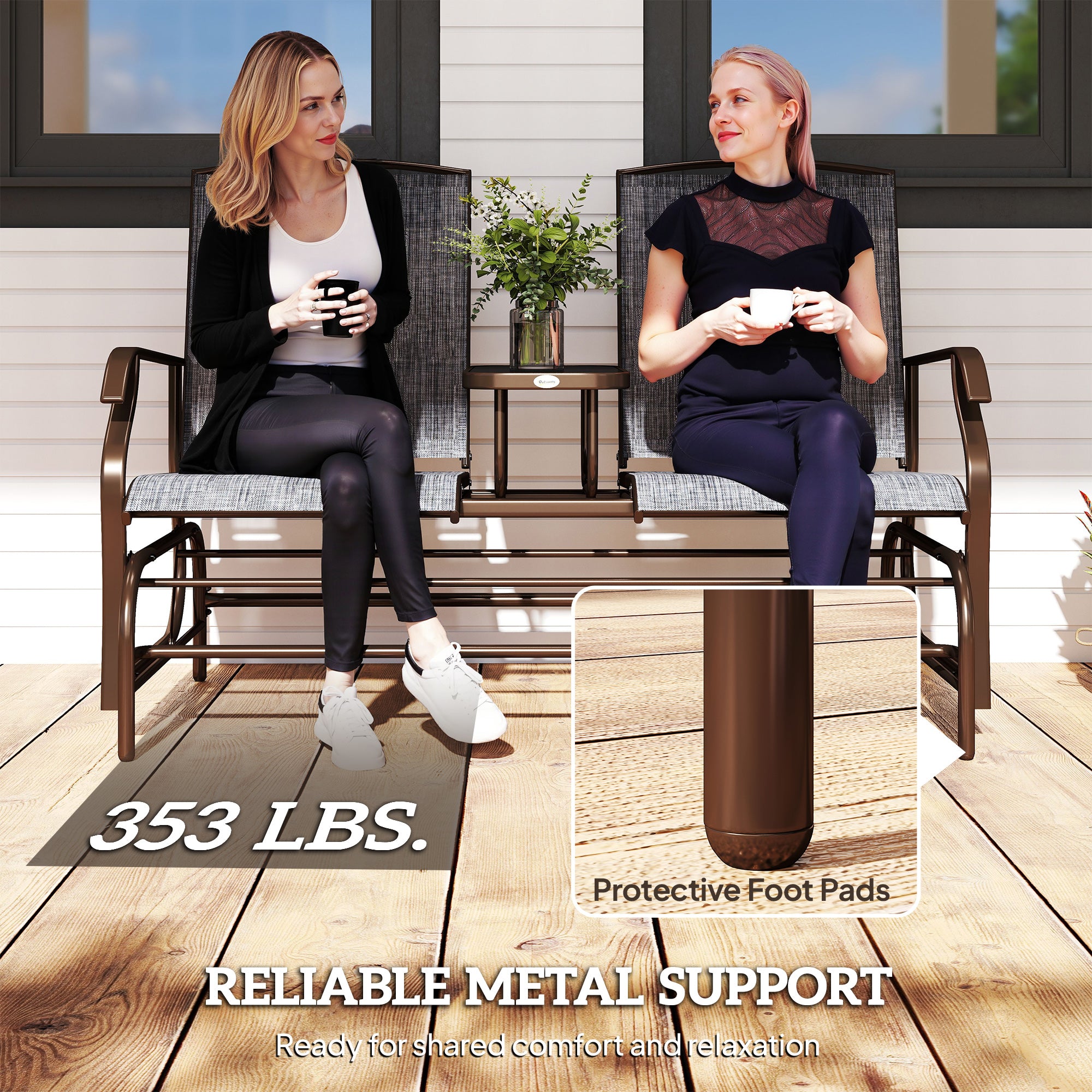 2-Seat Outdoor Glider Swing, Center Coffee Table and Independent Chairs, Supports Up to 352 lbs., Loveseat with Breathable Sling for Backyard, Garden, and Porch