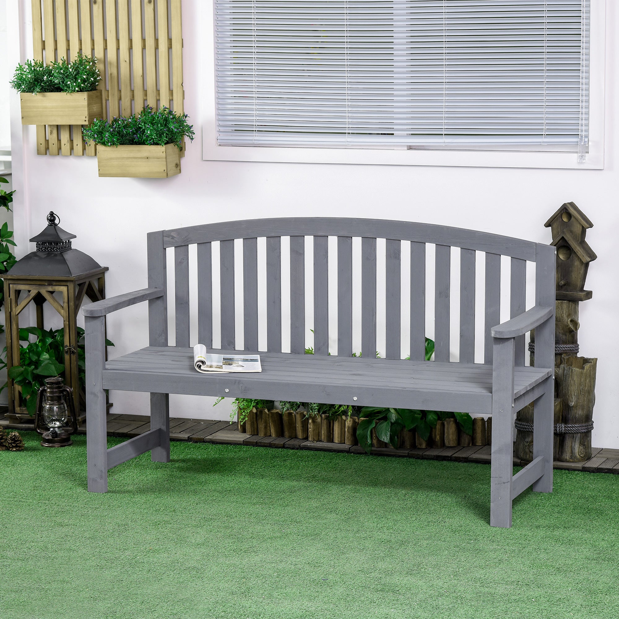 56" Outdoor Wood Bench, 2-Seater Garden Bench with Backrest and Armrest, Patio Bench for Patio, Porch, Poolside, Balcony, Gray
