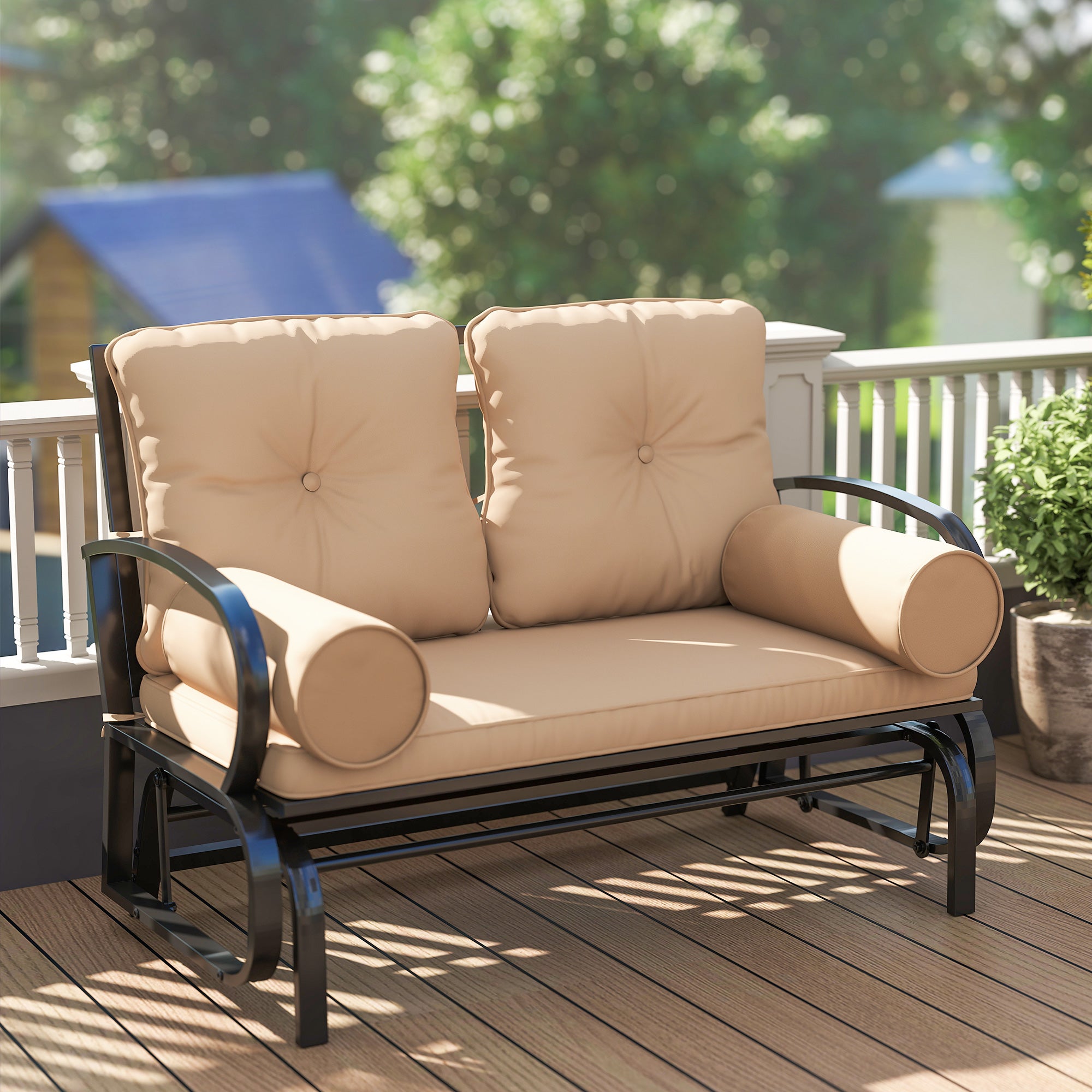 Swing Glider Rocking Chair, Double Patio Bench, 2 Person Loveseat with Steel Frame, Cushions, Pillow Armrests