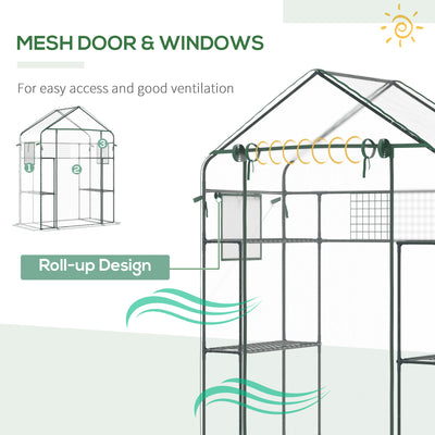 Outdoor Walk-in Mini Greenhouse with Mesh Door & Windows, Small Portable Garden Green House with 3 Tiers 6 Shelves, Trellis, & Plant Labels