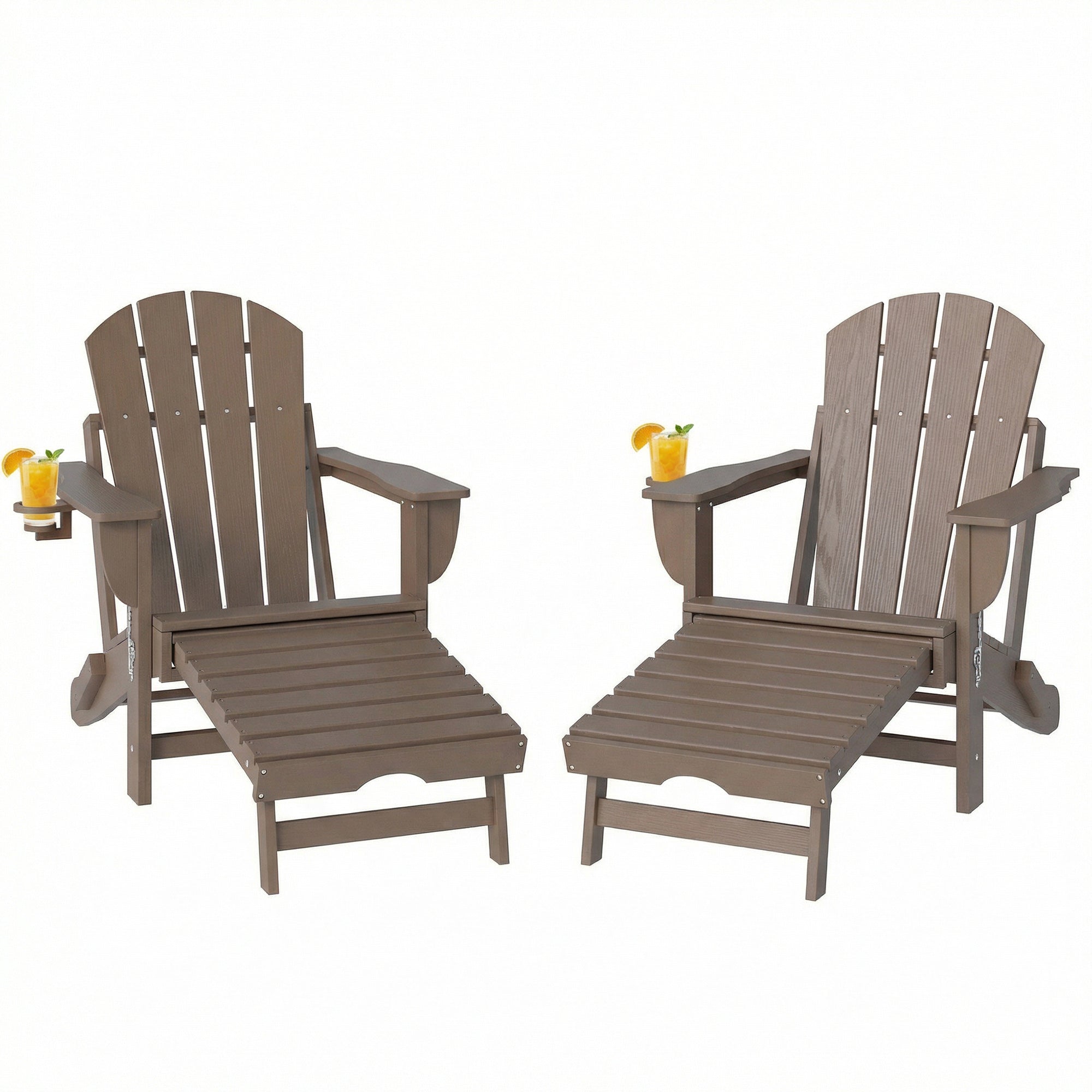 Folding Adirondack Chair Set of 2, HDPE Fire Pit Chair with Retractable Ottoman and Cup Holder