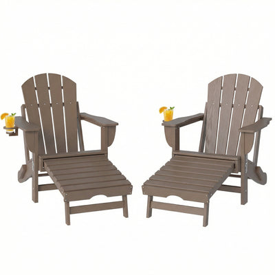 Folding Adirondack Chair Set of 2, HDPE Fire Pit Chair with Retractable Ottoman and Cup Holder