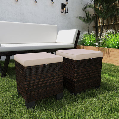 2 Piece Wicker Outdoor Ottomans with Cushions, Rattan Ottoman Footrest and Side Table for Patio, Yard, Poolside
