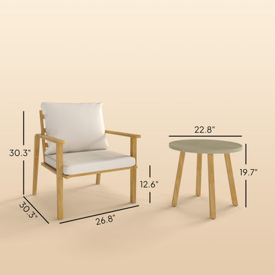 3 Piece Outdoor Bistro Set, Wood Effect Metal Patio Set with Wide and Deep Chairs, Round Table, Cushions, Cream White