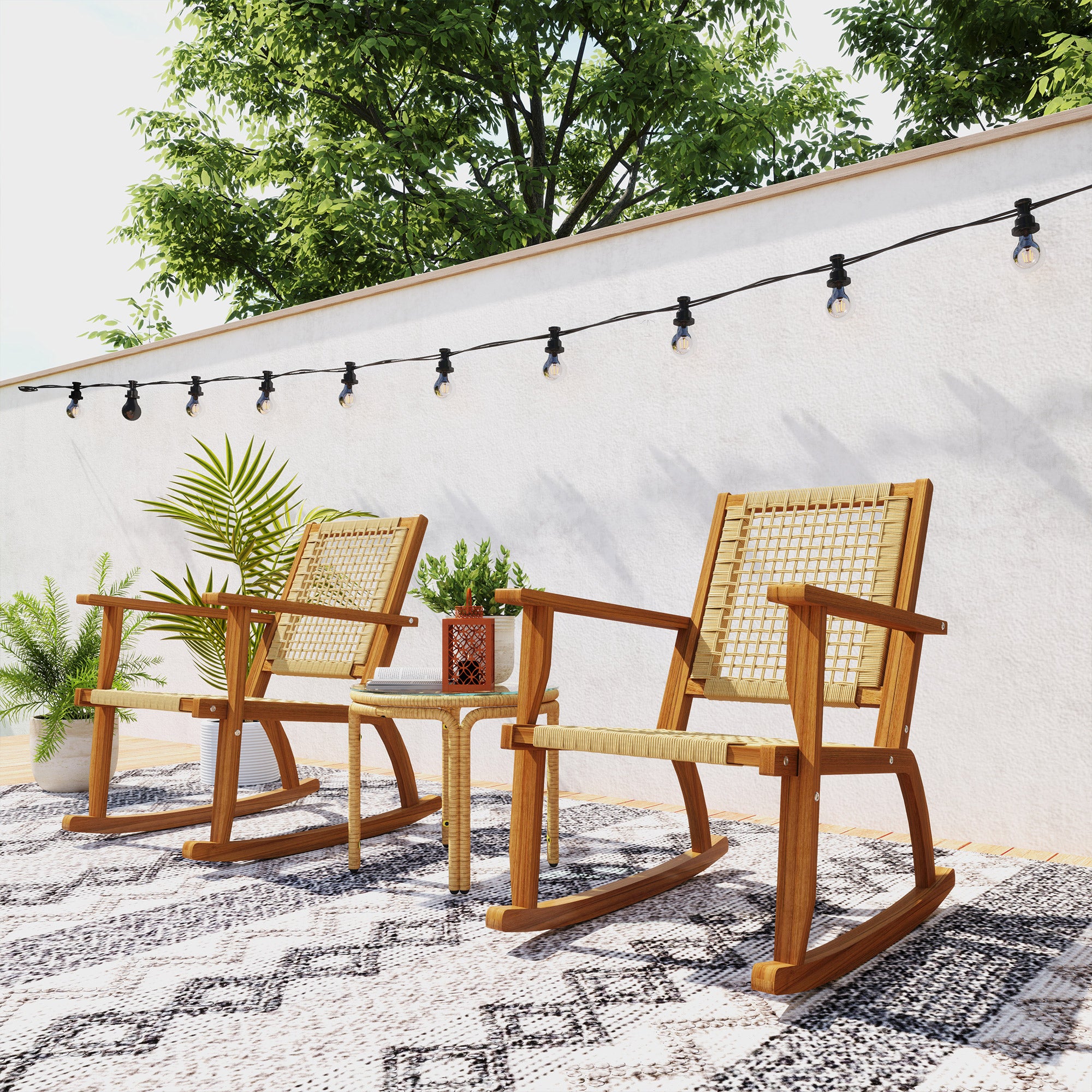 Outdoor Lawn Rocking Chair Set of 2, Acacia Wood Patio Rocking Chairs with Wicker Back and Seat for Garden, Khaki