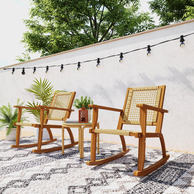 Outdoor Lawn Rocking Chair Set of 2, Acacia Wood Patio Rocking Chairs with Wicker Back and Seat for Garden, Khaki