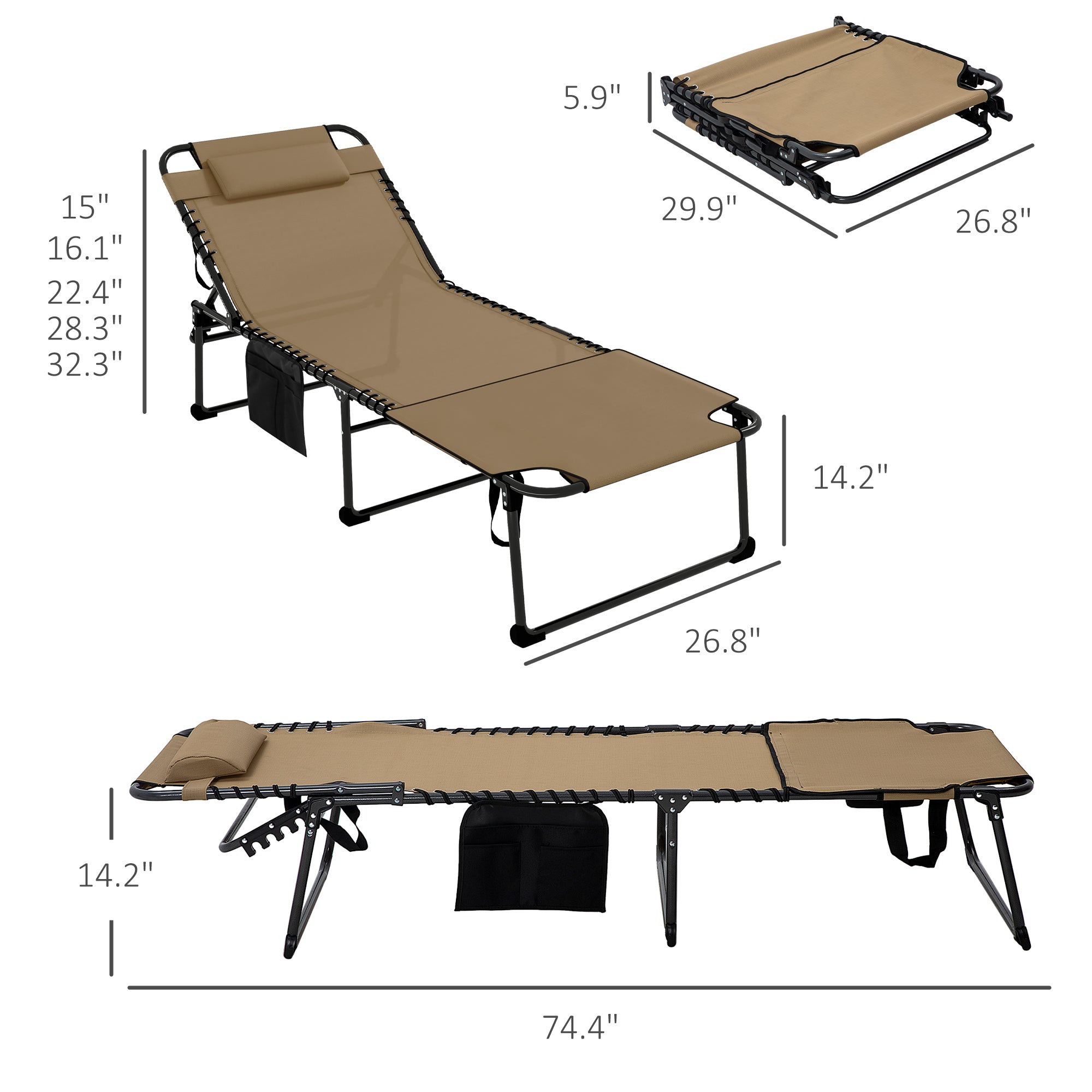 2 Piece Folding Chaise Lounge Pool Chairs with 5-level Reclining Back, Reading Hole, Side Pocket
