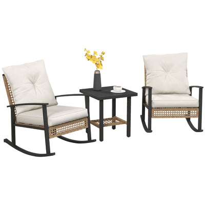 3 Pieces Bistro Set, Patio Wicker Furniture Set with Button Tufted Cushions, Rattan Rocking Chairs, Coffee Table