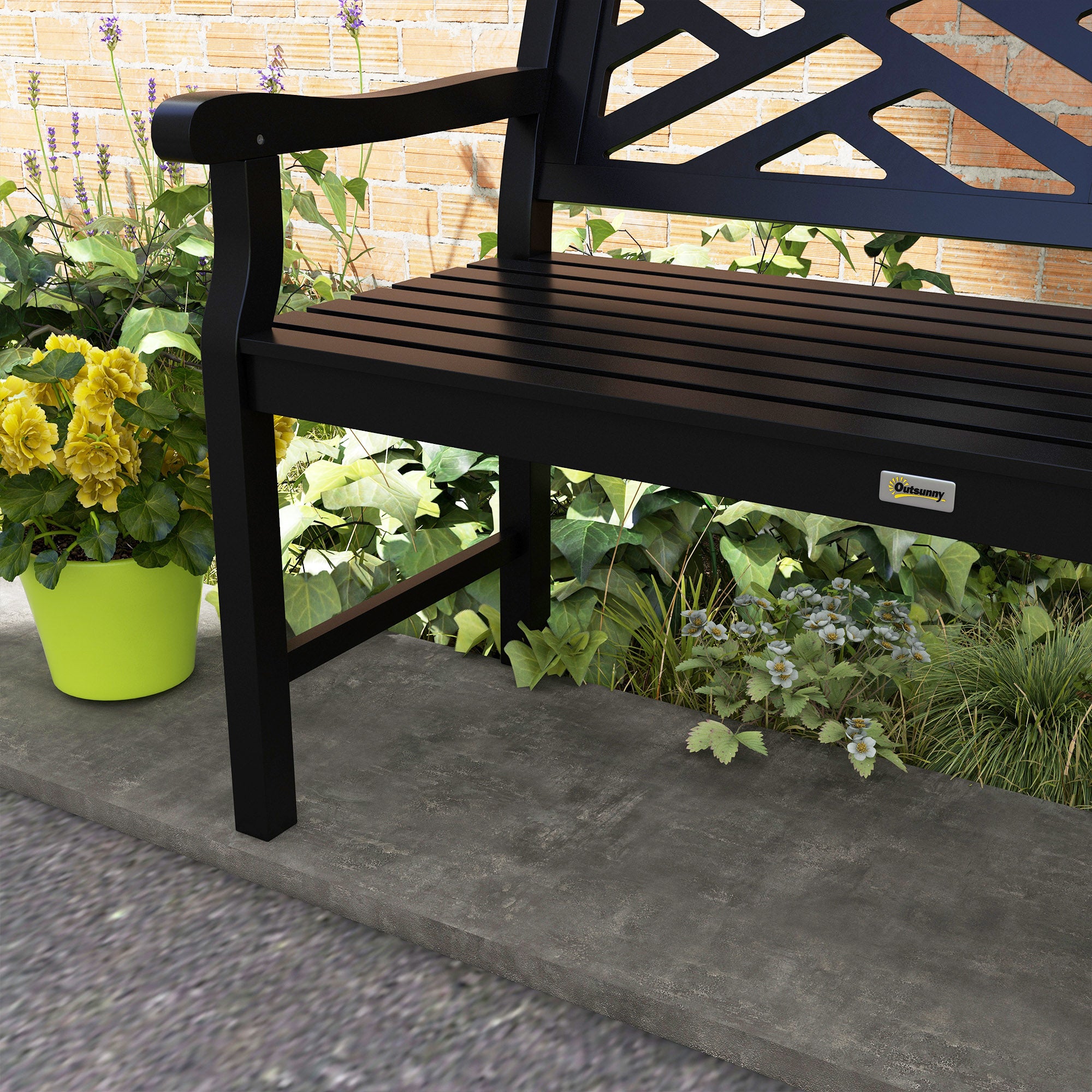 Outdoor Garden Bench, Wooden Frame Patio Bench with Geometric Pattern, 43.25 Inch Weatherproof 2-Person Love Seat for Garden, Lawn, Porch, Yard, Work Entryway